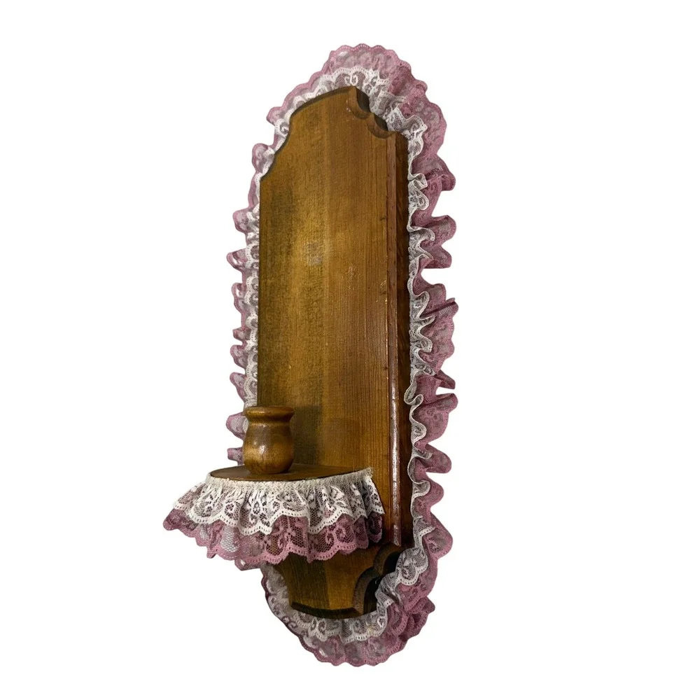 Vintage Handmade Wood Wall Sconce Pink White Ruffled Lace Candle Holder 15x5